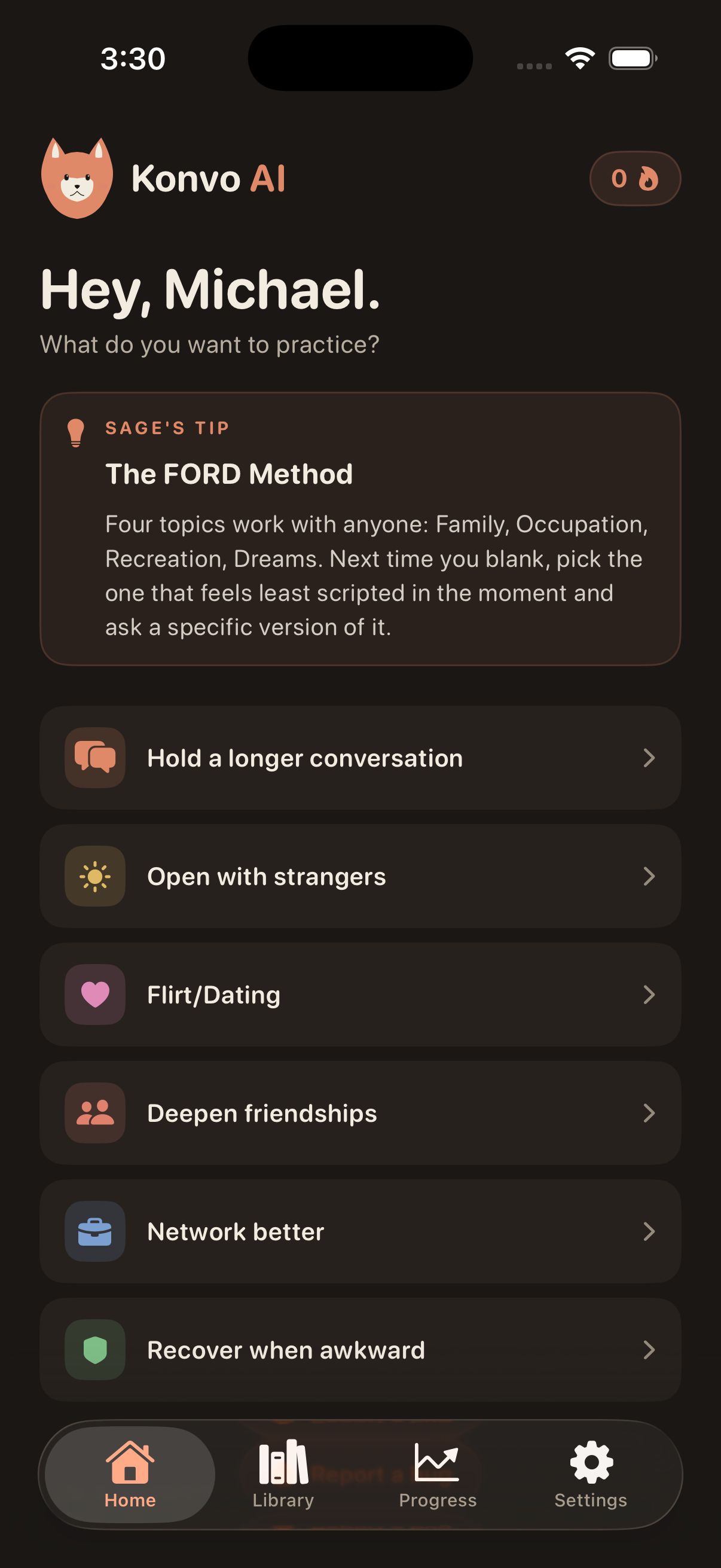 Konvo home screen — pick what to practice